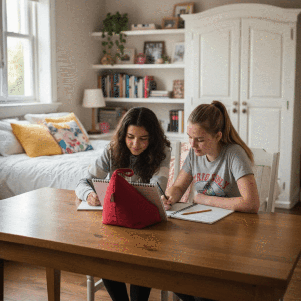 Adolescentes en un escritorio estudiando con atril