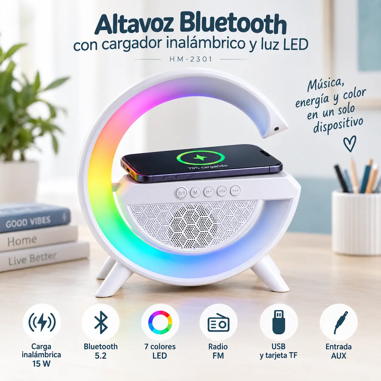 Altavoz bluetooth con carga inalámbrica led