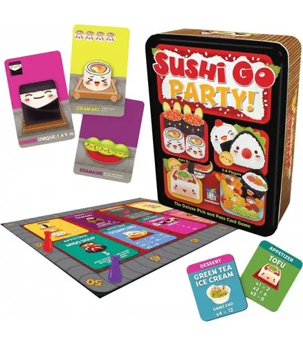 Tablero, cartas, losetas y peones de Sushi Go Party!